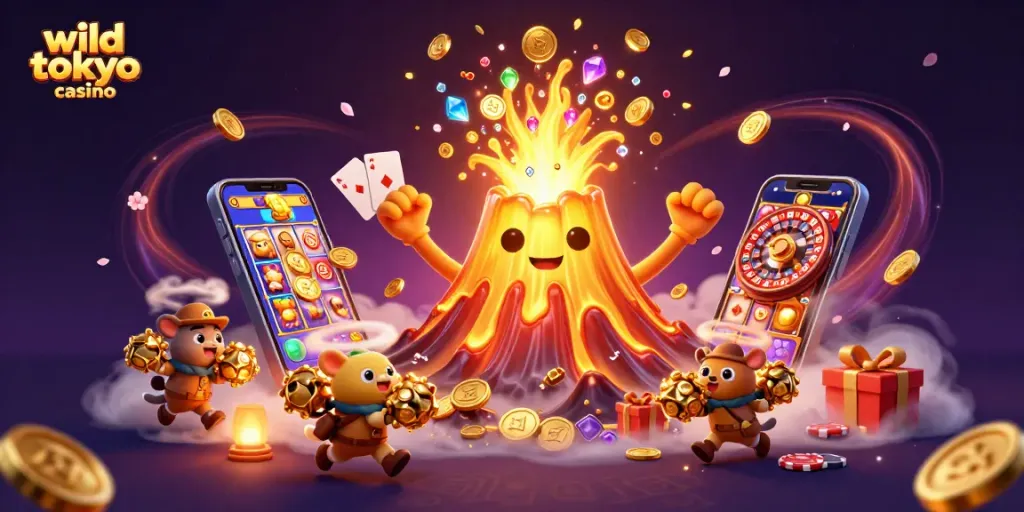 Spin to win at wild tokyo casino with vibrant 3D gaming action featuring a treasure erupting volcano.