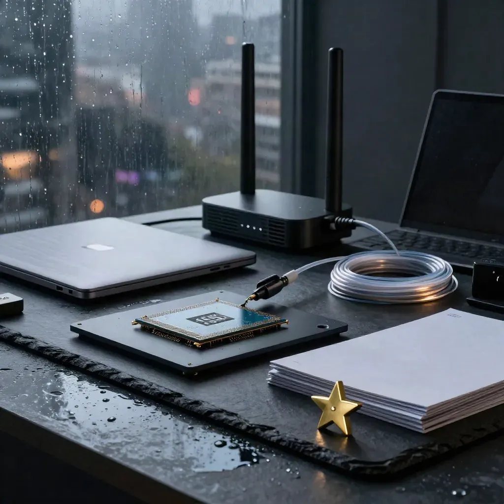 Chip AI, router e cavi in una scena buia e piovosa con luce blu soffusa.