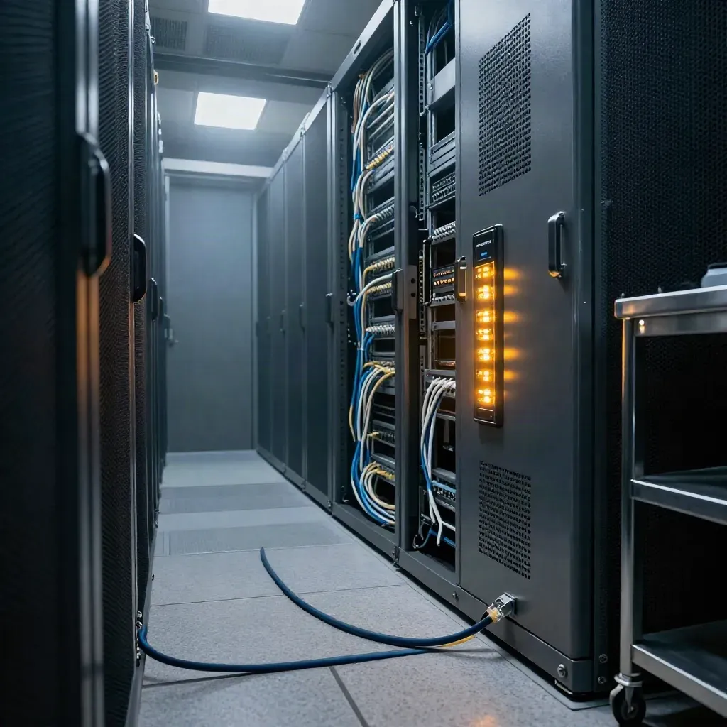 Sala rack di cybersecurity con cavi in movimento, LED ambra e carrello d’acciaio in corridoio stretto.