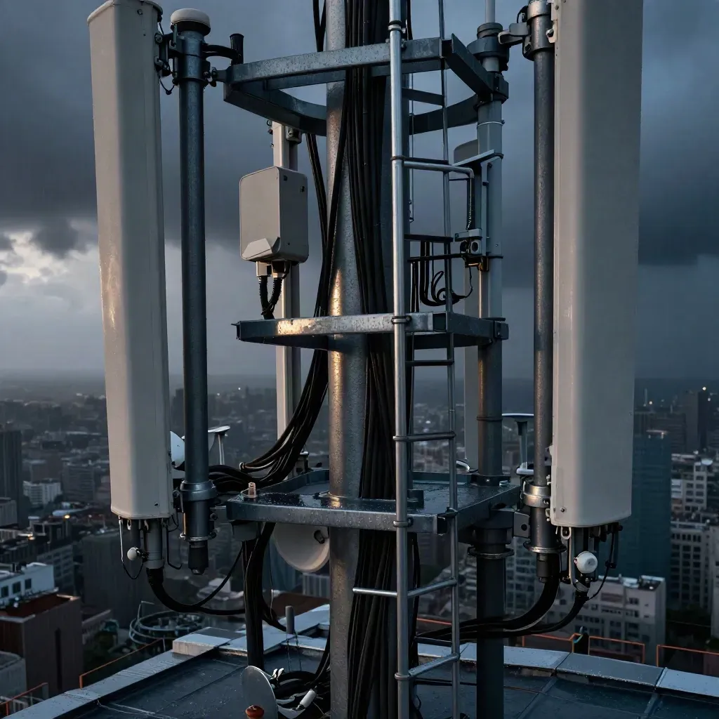 Traliccio telecom sul tetto bagnato dalla pioggia, con antenne e città sullo sfondo.