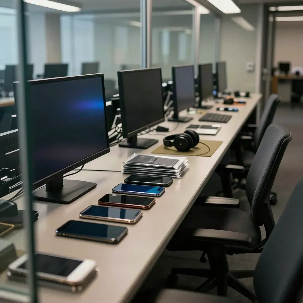 Desk di moderazione piattaforme con telefoni, monitor spenti e cuffie dietro vetro.
