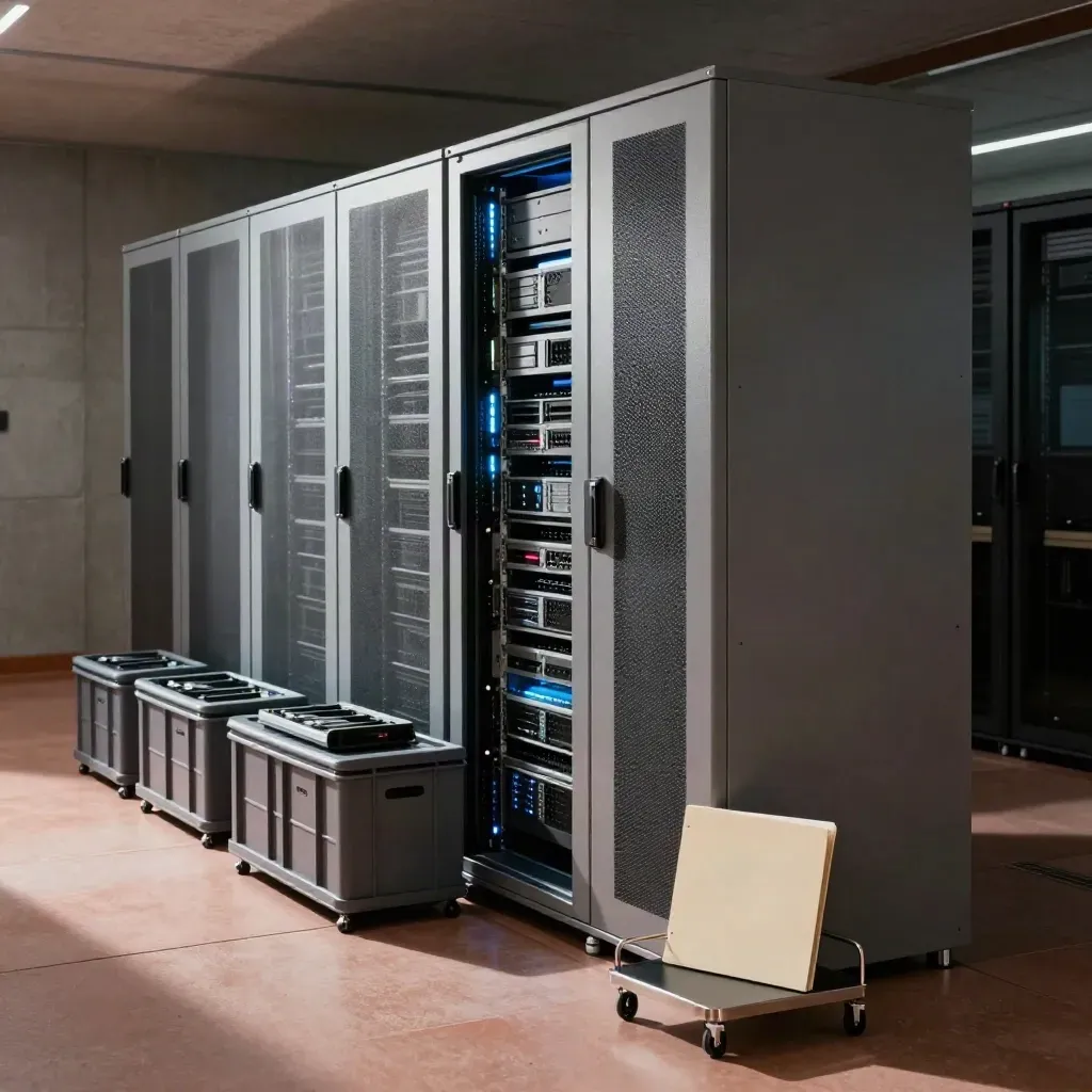 Sala server comunale con casse di migrazione e luci rack appena accese
