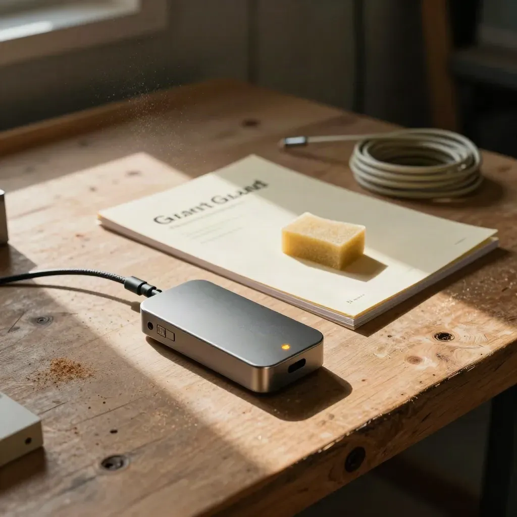 Prototipo IoT su banco da lavoro con dossier chiuso, schiuma di imballo e cavo di ricarica.