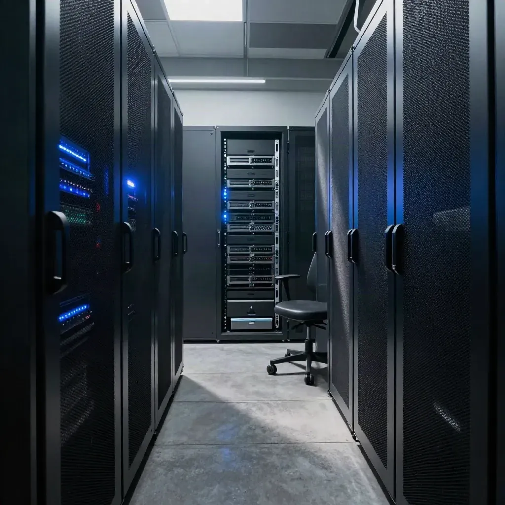 Sala server comunale con armadi sicuri, cassetti drive, pratica chiusa e sedia vuota