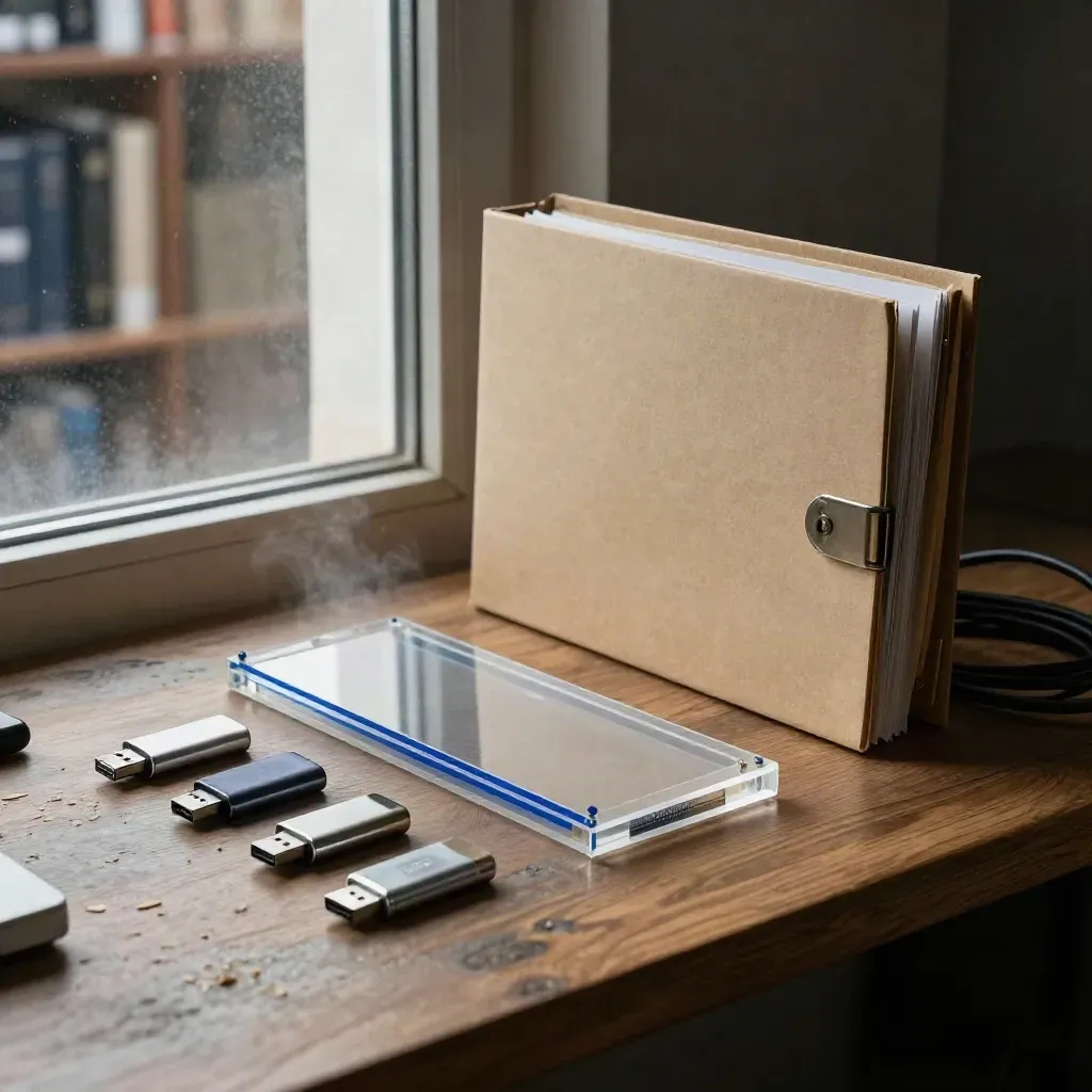 Modulo dati, chiavette USB sigillate, scatola archivio e cavo arrotolato in luce calda