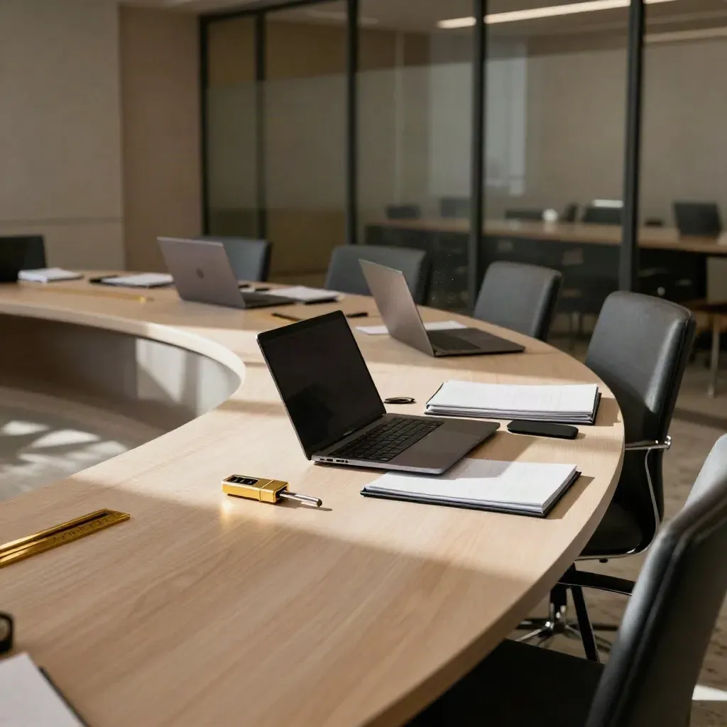 Sala riunioni istituzionale con laptop chiusi, fascicoli ordinati e chiave di sicurezza dorata.