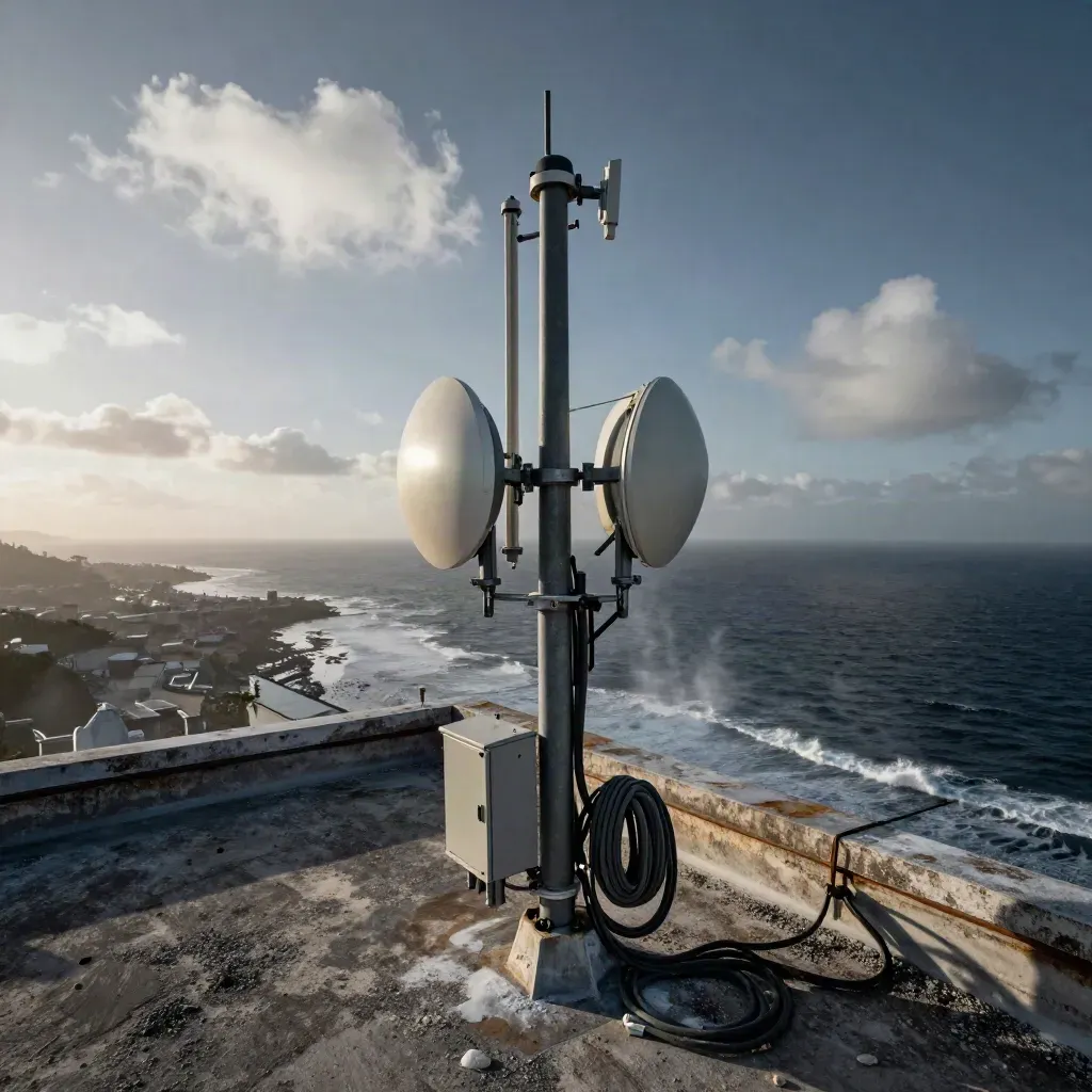 Antenna su tetto ventoso sopra la costa, con cavi e botola tra spruzzi e luce calda.