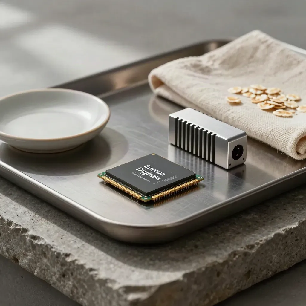 Chip AI con dissipatore, piattino in ceramica e panno piegato su vassoio metallico.